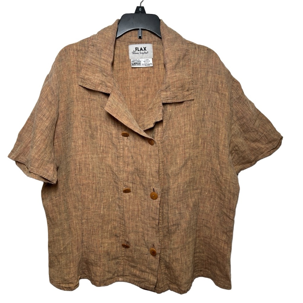 Flax Jeanne Engelhart linen L tan double breasted short sleeve top shirt 90s